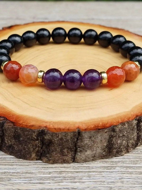 Empath Protection Bracelet with Fire Agate, Amethyst, & Black Tourmaline | Brahmatells by Brahmatells