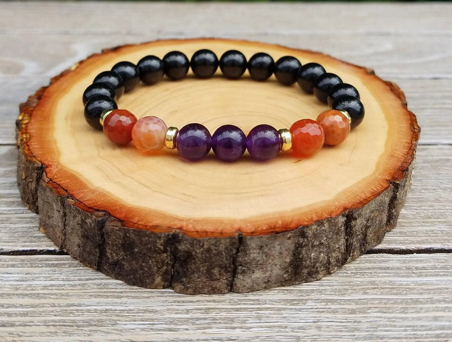 Empath Protection Bracelet with Fire Agate, Amethyst, & Black Tourmaline | Brahmatells by Brahmatells