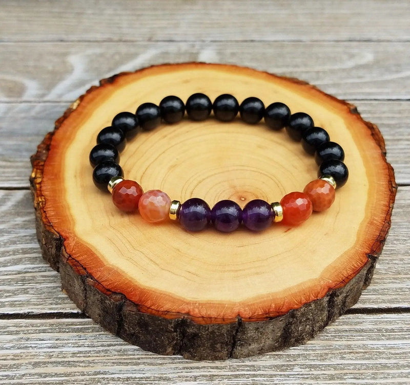 Empath Protection Bracelet with Fire Agate, Amethyst, & Black Tourmaline | Brahmatells by Brahmatells