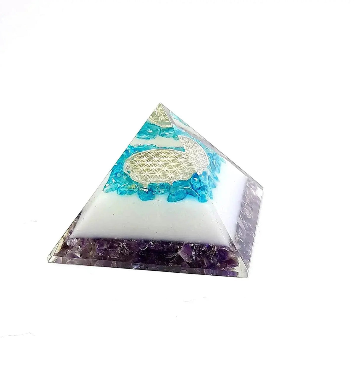 Energy Generator Blue Onxy Aqua Crystal And Amethyst Stone With Flower Of Life Logo Colorful Pyramid by Brahmatells
