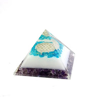 Energy Generator Blue Onxy Aqua Crystal And Amethyst Stone With Flower Of Life Logo Colorful Pyramid by Brahmatells