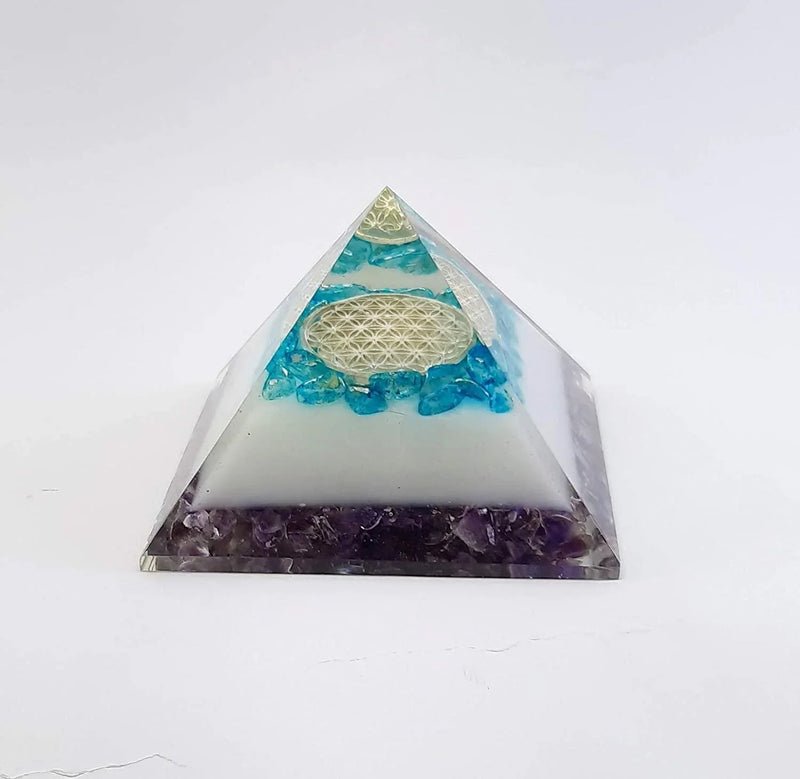 Energy Generator Blue Onxy Aqua Crystal And Amethyst Stone With Flower Of Life Logo Colorful Pyramid by Brahmatells
