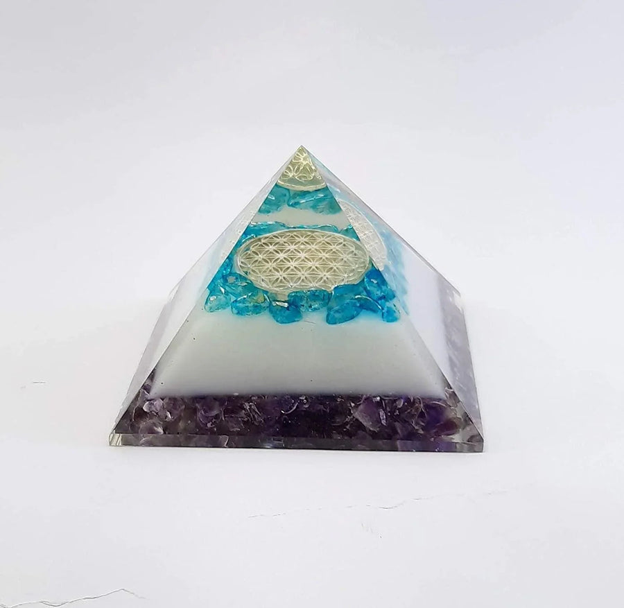 Energy Generator Blue Onxy Aqua Crystal And Amethyst Stone With Flower Of Life Logo Colorful Pyramid by Brahmatells