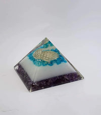 Energy Generator Blue Onxy Aqua Crystal And Amethyst Stone With Flower Of Life Logo Colorful Pyramid by Brahmatells