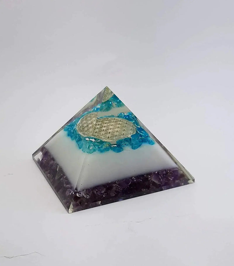 Energy Generator Blue Onxy Aqua Crystal And Amethyst Stone With Flower Of Life Logo Colorful Pyramid by Brahmatells