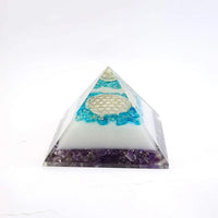 Energy Generator Blue Onxy Aqua Crystal And Amethyst Stone With Flower Of Life Logo Colorful Pyramid by Brahmatells