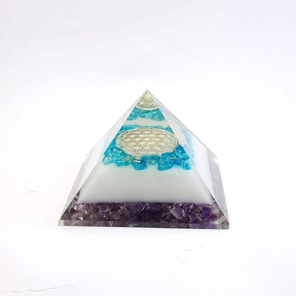 Energy Generator Blue Onxy Aqua Crystal And Amethyst Stone With Flower Of Life Logo Colorful Pyramid by Brahmatells