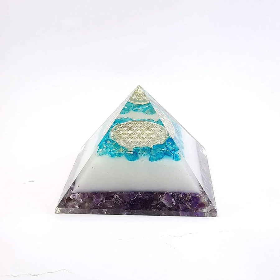 Energy Generator Blue Onxy Aqua Crystal And Amethyst Stone With Flower Of Life Logo Colorful Pyramid by Brahmatells