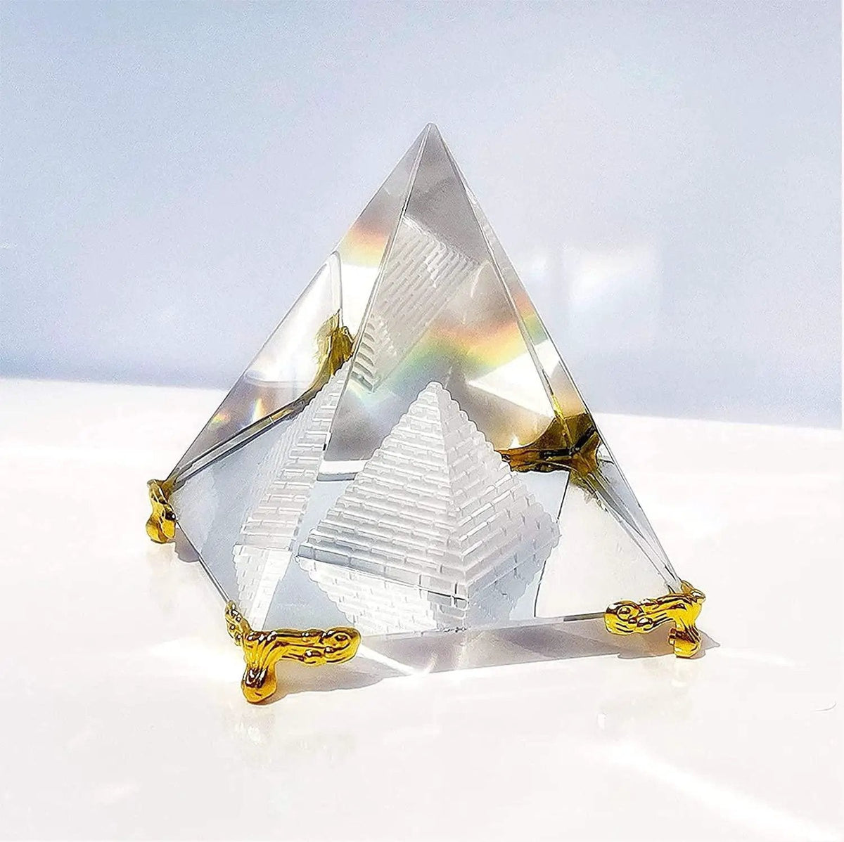 Feng Shui Crystal Pyramid On Golden Stand for Positive Energy and Vastu Correction, Good Luck & Prosperity by Brahmatells