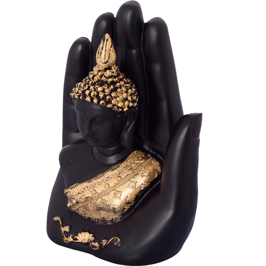 Golden Handcrafted Buddha Palm Decorative Showpiece - 18 cm (Polyresin, Gold, Black) by Brahmatells