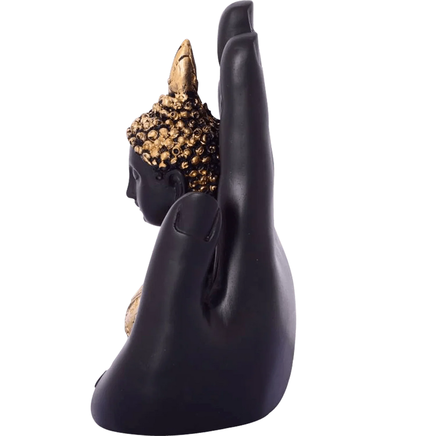 Golden Handcrafted Buddha Palm Decorative Showpiece - 18 cm (Polyresin, Gold, Black) by Brahmatells