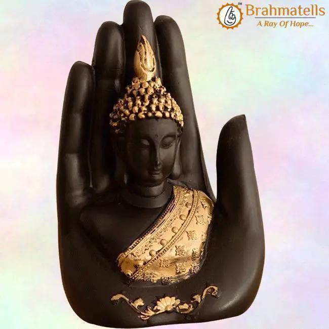 Golden Handcrafted Buddha Palm Decorative Showpiece - 18 cm (Polyresin, Gold, Black) by Brahmatells