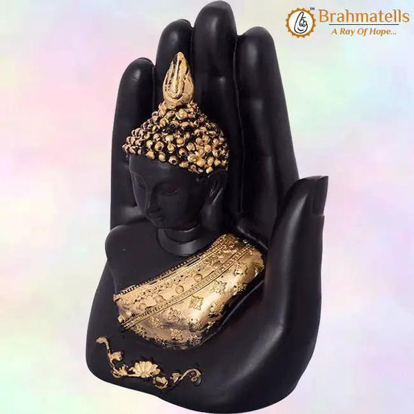 Golden Handcrafted Buddha Palm Decorative Showpiece - 18 cm (Polyresin, Gold, Black) by Brahmatells