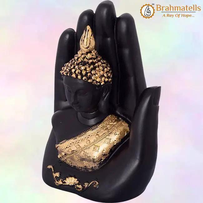 Golden Handcrafted Buddha Palm Decorative Showpiece - 18 cm (Polyresin, Gold, Black) by Brahmatells