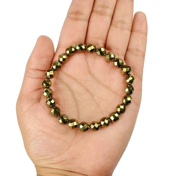 Golden Hematite Diamond Cut Bracelet - 8mm Beads for Reiki Healing by Brahmatells