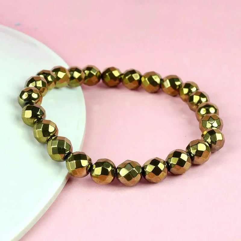 Golden Hematite Diamond Cut Bracelet - 8mm Beads for Reiki Healing by Brahmatells