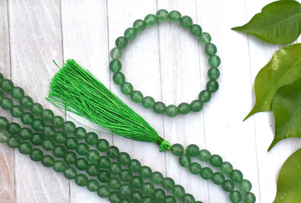 Green Aventurine Mala & Bracelet Set - 8mm Diamond Cut Beads by Brahmatells