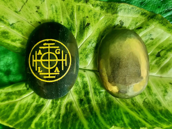 Green Aventurine Tumble Grid with Zibu Symbols by Brahmatells