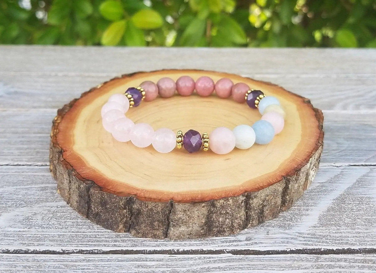 Heart Chakra Healing Bracelet - Beryl, Amethyst, Rose Quartz, Rhodonite | Brahmatells by Brahmatells