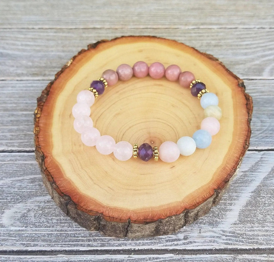 Heart Chakra Healing Bracelet - Beryl, Amethyst, Rose Quartz, Rhodonite | Brahmatells by Brahmatells