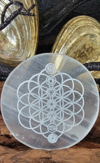 Selenite Charging Plate with the sacred Om symbol and the Flower of Life pattern by Brahmatells