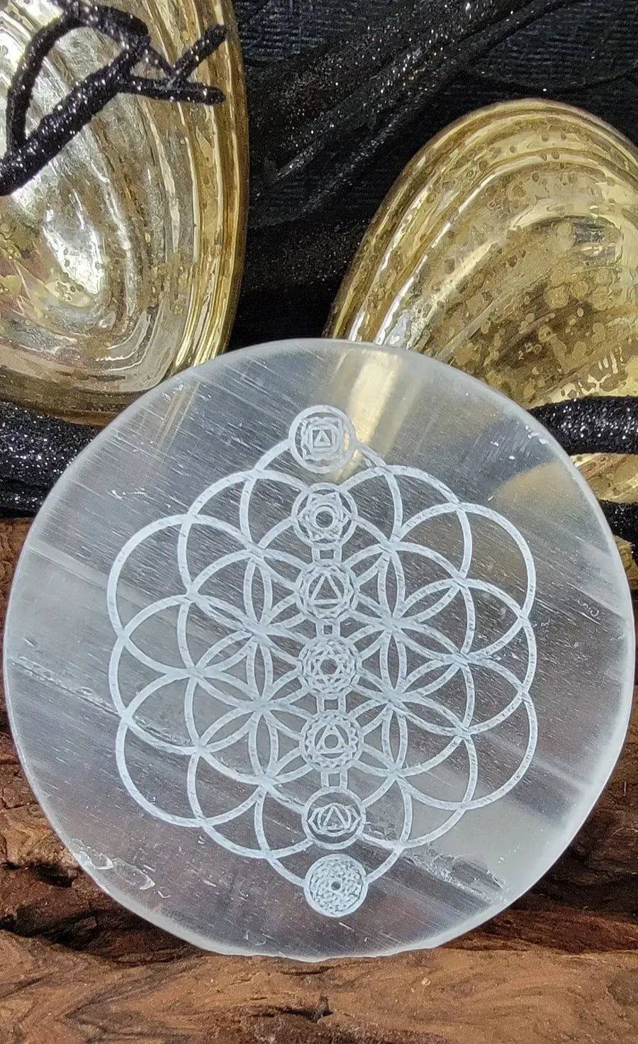 Selenite Charging Plate with the sacred Om symbol and the Flower of Life pattern by Brahmatells