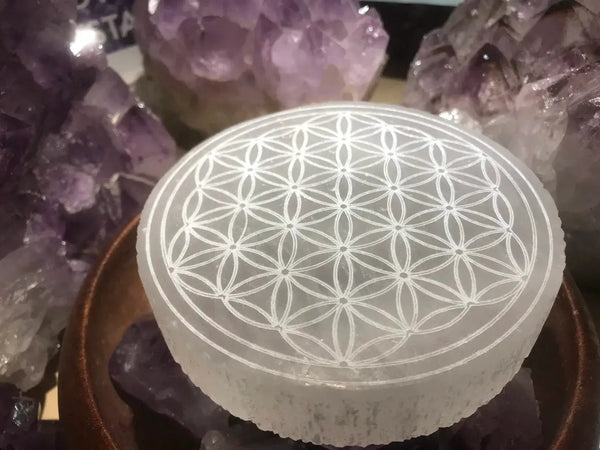 Selenite Charging Plate with the sacred Om symbol and the Flower of Life pattern by Brahmatells
