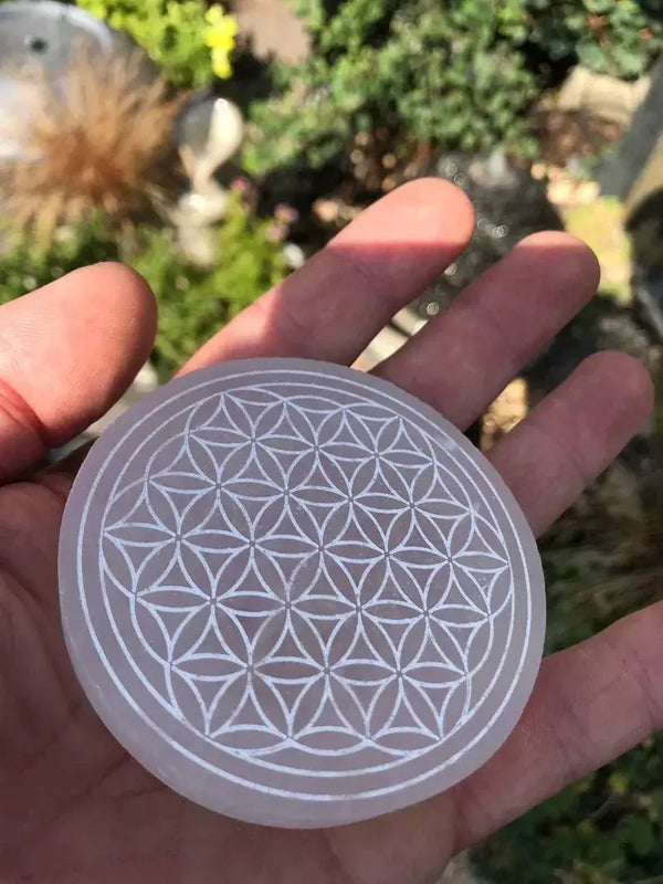 Selenite Charging Plate with the sacred Om symbol and the Flower of Life pattern by Brahmatells