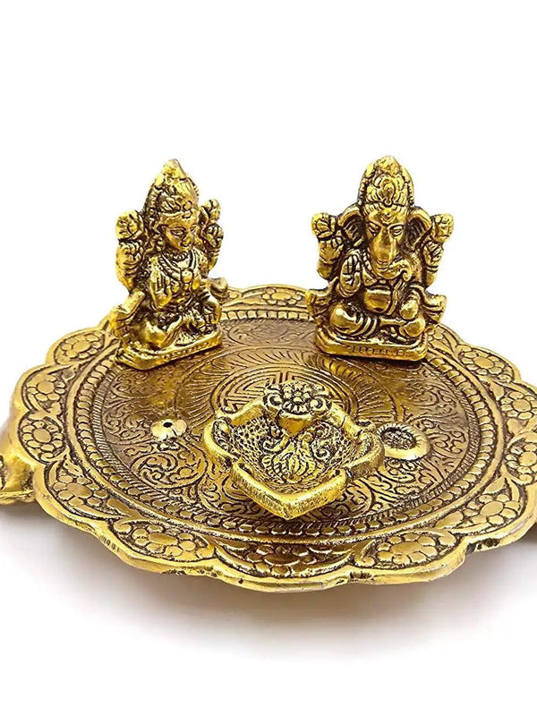 Laxmi Ganesh Pooja Thali in Metal with Deepak and Dhoopbatti Stand | Colour: Gold by Brahmatells