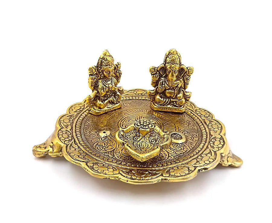 Laxmi Ganesh Pooja Thali in Metal with Deepak and Dhoopbatti Stand | Colour: Gold by Brahmatells