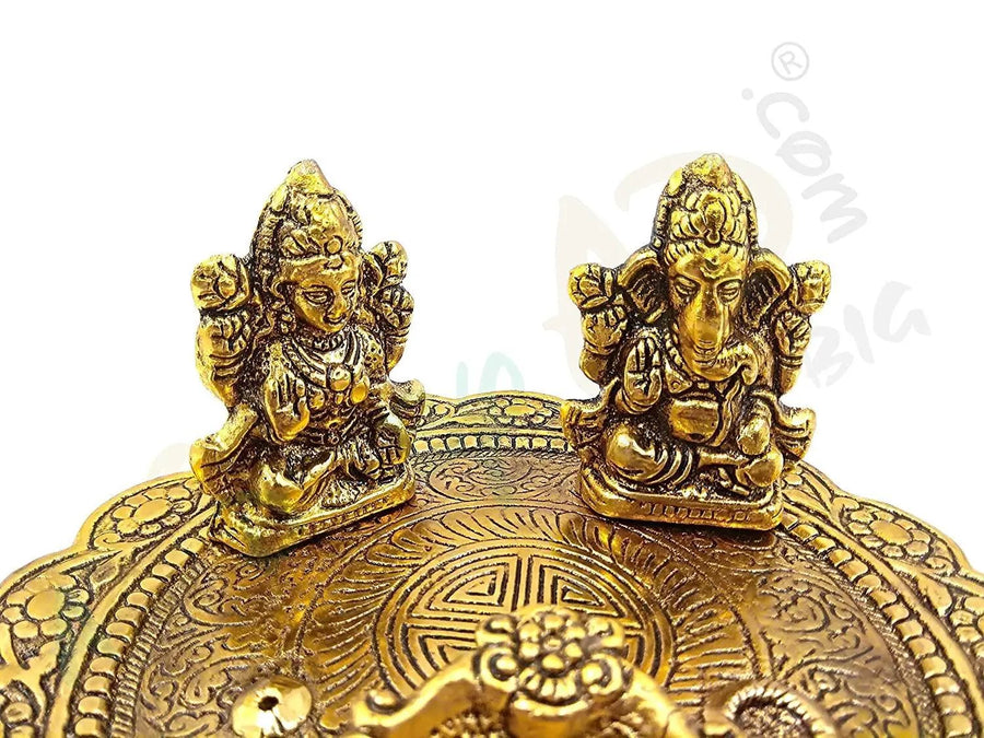Laxmi Ganesh Pooja Thali in Metal with Deepak and Dhoopbatti Stand | Colour: Gold by Brahmatells