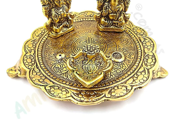 Laxmi Ganesh Pooja Thali in Metal with Deepak and Dhoopbatti Stand | Colour: Gold by Brahmatells