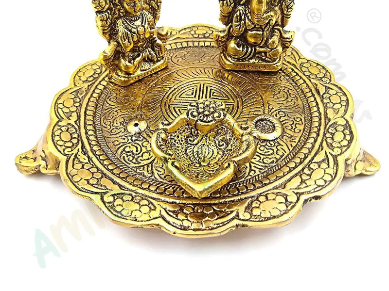 Laxmi Ganesh Pooja Thali in Metal with Deepak and Dhoopbatti Stand | Colour: Gold by Brahmatells