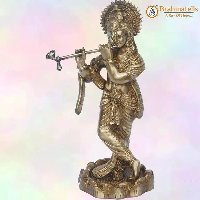 Lord Krishna Brassware Statue In Antique Finish by Brahmatells