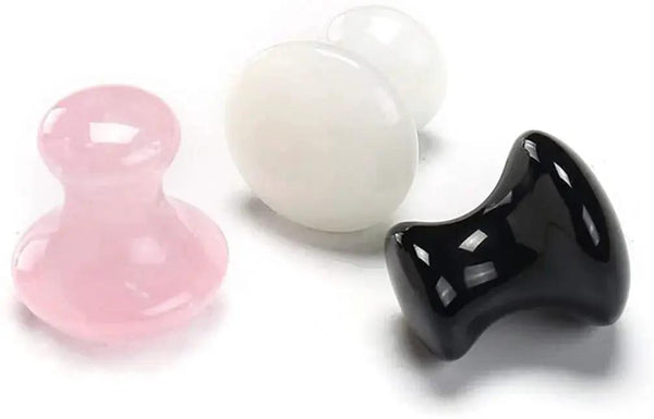 Mushroom Shaped Gua Sha Trio: Rose Quartz, White Jade & Black Agate | Brahmatells by Brahmatells