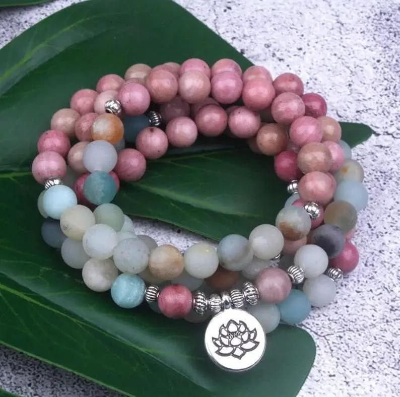 Amazonite & Rhodonite 108 Bead Mala – Handmade Spiritual Jewelry by Brahmatells