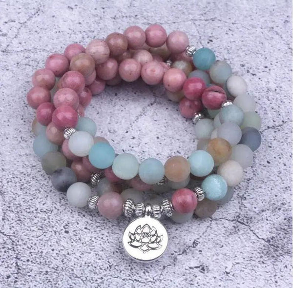Amazonite & Rhodonite 108 Bead Mala – Handmade Spiritual Jewelry by Brahmatells