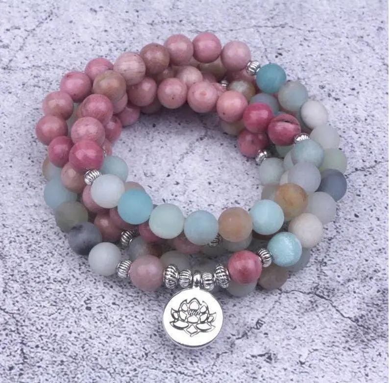 Amazonite & Rhodonite 108 Bead Mala – Handmade Spiritual Jewelry by Brahmatells