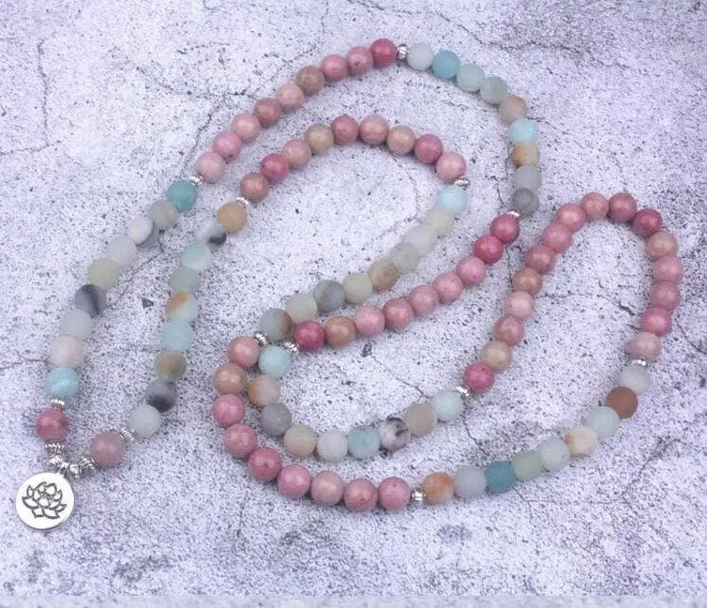 Amazonite & Rhodonite 108 Bead Mala – Handmade Spiritual Jewelry by Brahmatells