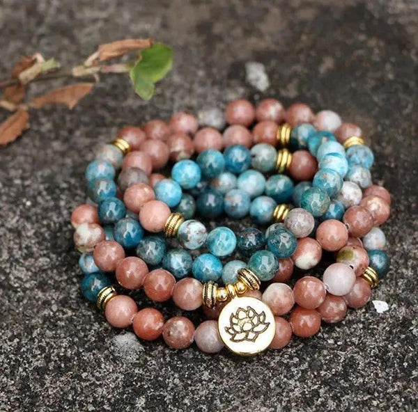 Natural Apatite & Rhodonite 108 Bead Mala - Spiritual Serenity | Brahmatells by Brahmatells