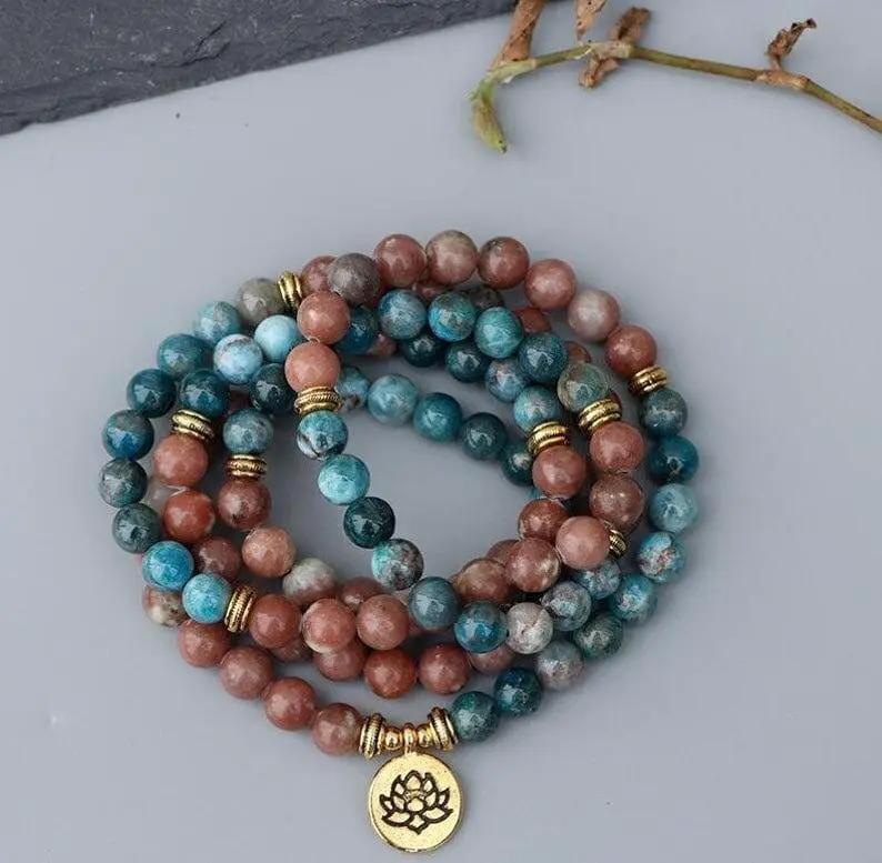 Natural Apatite & Rhodonite 108 Bead Mala - Spiritual Serenity | Brahmatells by Brahmatells