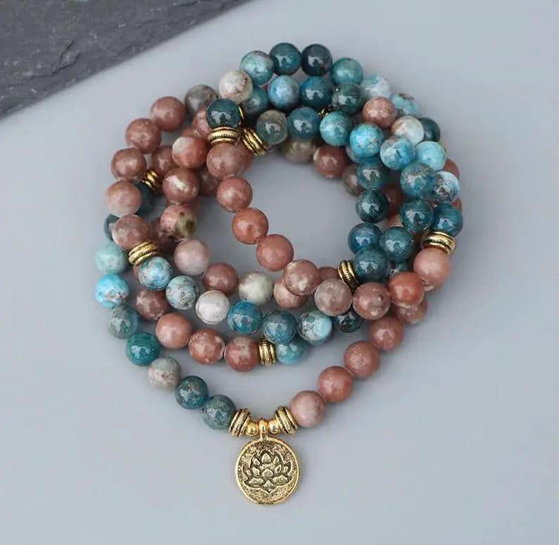 Natural Apatite & Rhodonite 108 Bead Mala - Spiritual Serenity | Brahmatells by Brahmatells
