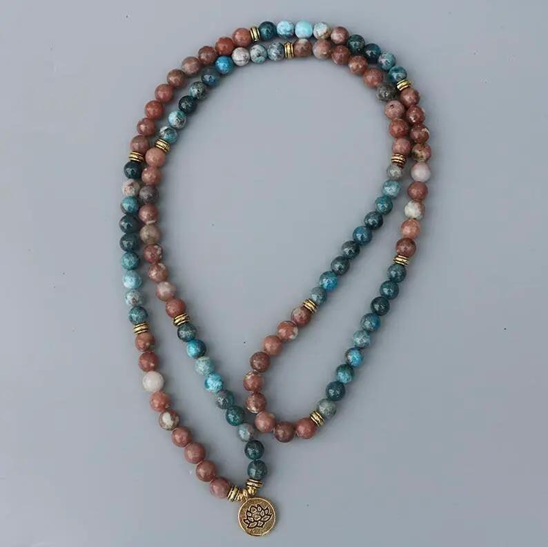 Natural Apatite & Rhodonite 108 Bead Mala - Spiritual Serenity | Brahmatells by Brahmatells