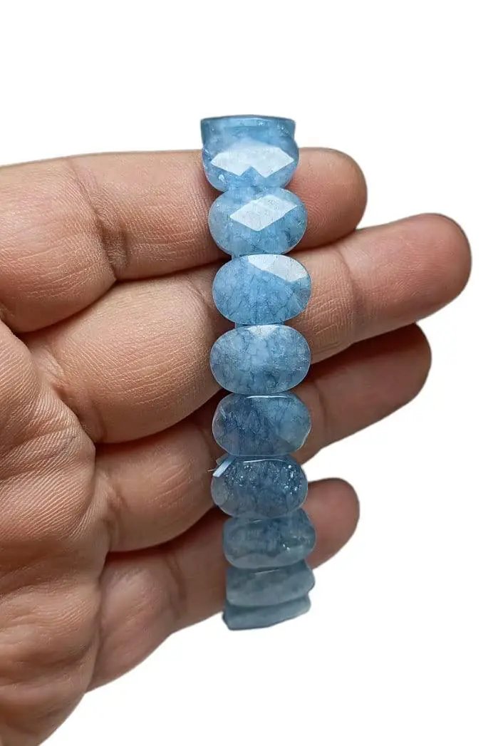 Aquamarine Crystal Bracelet – 14mm Faceted Blue Beads by Brahmatells