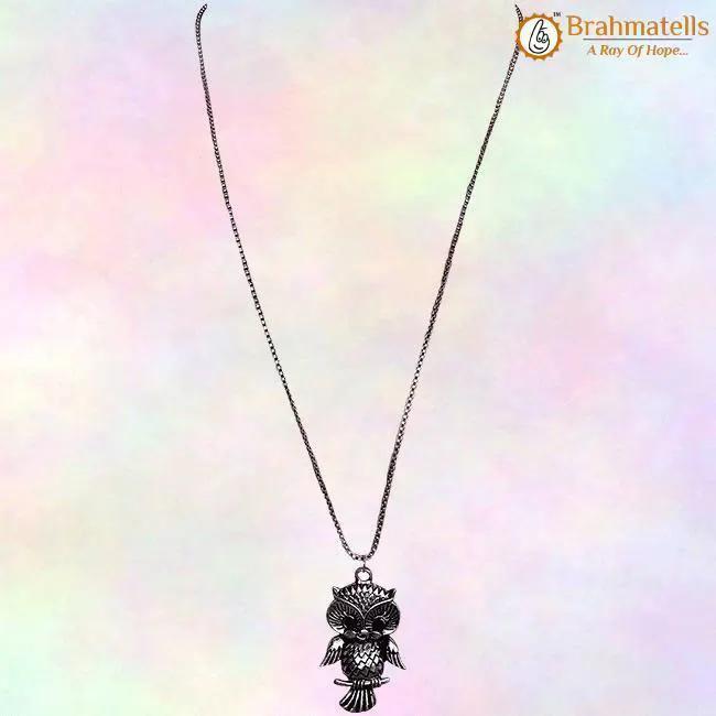 Necklace with long chain for girls, Oxidised Metal Owl Pendant by Brahmatells