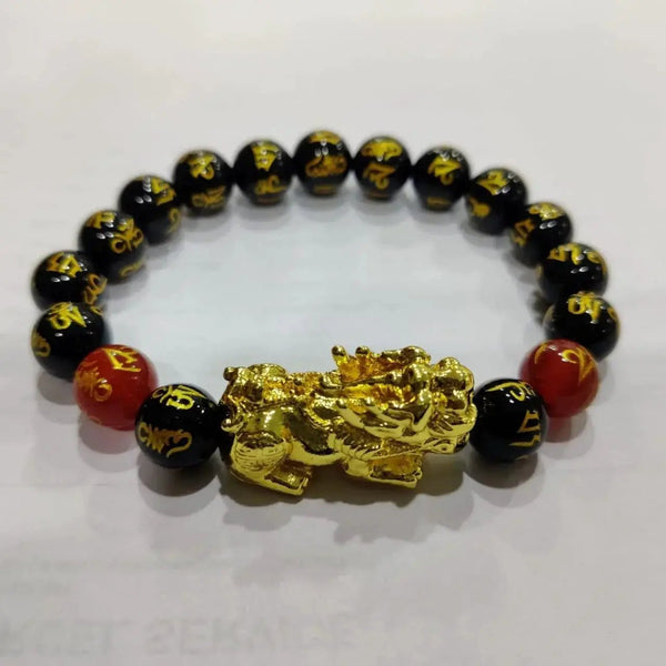 Om Mani Padme Hum Black Obsidian & Red Onyx Feng Shui Bracelet by Brahmatells