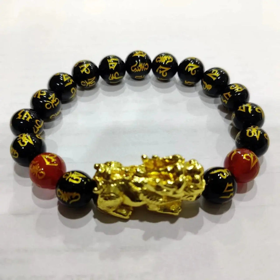 Om Mani Padme Hum Black Obsidian & Red Onyx Feng Shui Bracelet by Brahmatells
