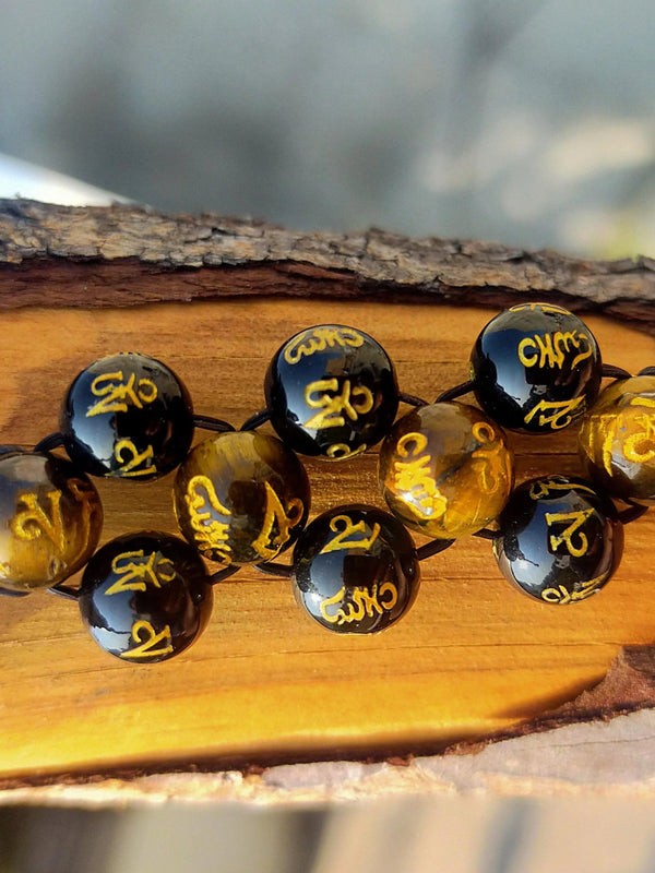 Om Mani Padme Hum Engraved Powerful Black Tourmaline & Tiger Eye Band by Brahmatells