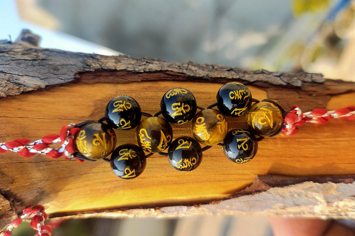 Om Mani Padme Hum Engraved Powerful Black Tourmaline & Tiger Eye Band by Brahmatells