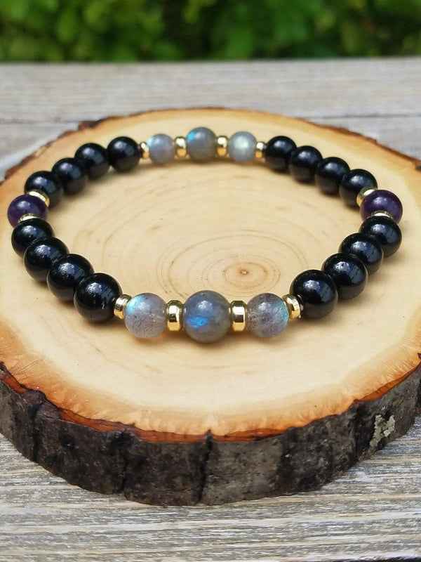 Protection Bracelet | Labradorite, Black Tourmaline & Amethyst Beaded Jewelry by Brahmatells